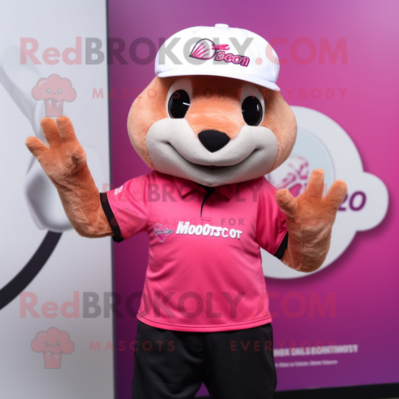 Pink Mongoose mascot costume character dressed with a Polo Tee and Beanies Pink Mongoose mascot costume character dressed with a Polo Tee and Beanies
