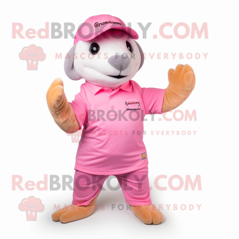 Pink Mongoose mascot costume character dressed with a Polo Tee and Beanies