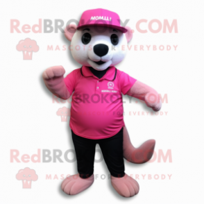 Pink Mongoose mascot costume character dressed with a Polo Tee and Beanies