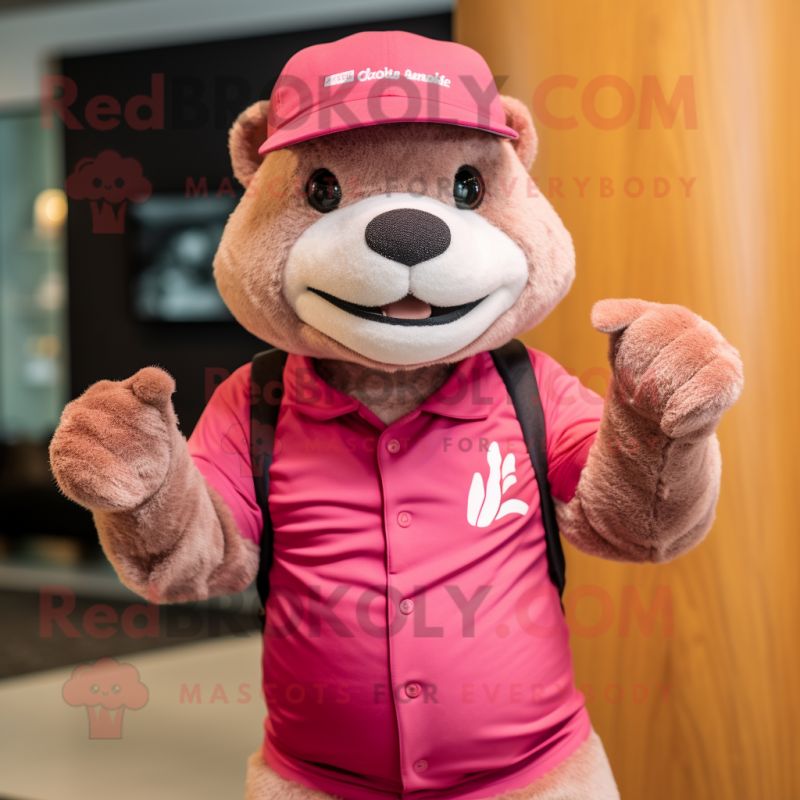 Pink Mongoose mascot costume character dressed with a Polo Tee and Beanies Pink Mongoose mascot costume character dressed with a Polo Tee and Beanies