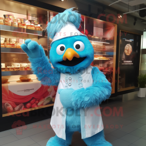 Sky Blue Tandoori Chicken mascot costume character dressed with a Playsuit and Beanies