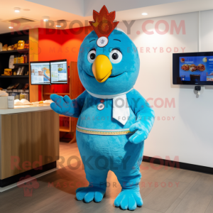 Sky Blue Tandoori Chicken mascot costume character dressed with a Playsuit and Beanies