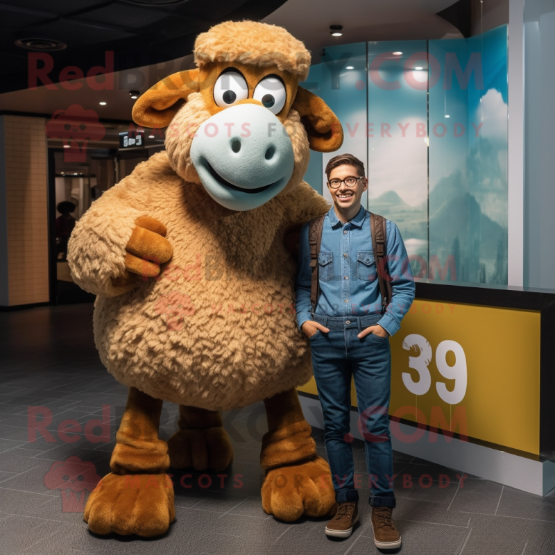 Brown Merino Sheep mascot costume character dressed with a Boyfriend Jeans and Watches