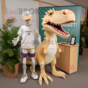 Cream Spinosaurus mascot costume character dressed with a Running Shorts and Lapel pins