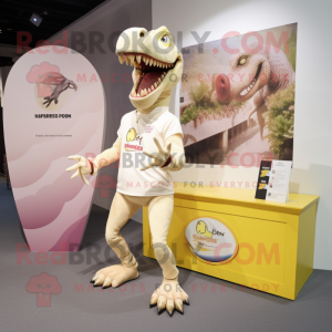 Cream Spinosaurus mascot costume character dressed with a Running Shorts and Lapel pins