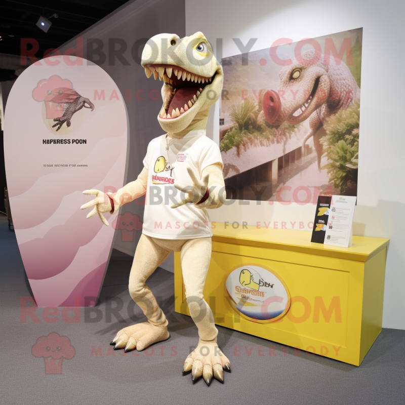 Cream Spinosaurus mascot costume character dressed with a Running Shorts and Lapel pins Cream Spinosaurus mascot costume character dressed with a Running Shorts and Lapel pins