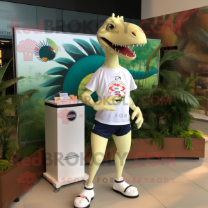 Cream Spinosaurus mascot costume character dressed with a Running Shorts and Lapel pins