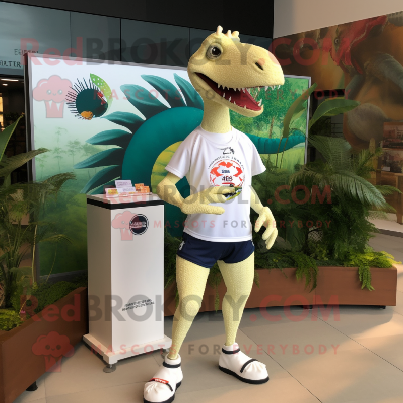 Cream Spinosaurus mascot costume character dressed with a Running Shorts and Lapel pins Cream Spinosaurus mascot costume character dressed with a Running Shorts and Lapel pins