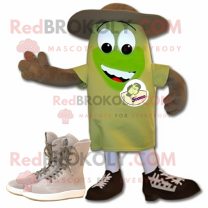 Olive Beef Stroganoff mascot costume character dressed with a Henley Tee and Shoe laces