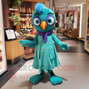 Turquoise Peacock mascot costume character dressed with a Overalls and Mittens