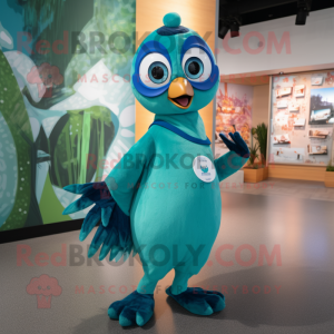Turquoise Peacock mascot costume character dressed with a Overalls and Mittens