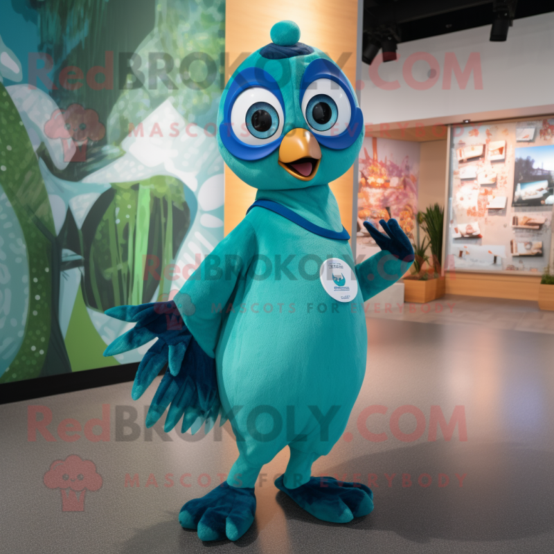 Turquoise Peacock mascot costume character dressed with a Overalls and Mittens