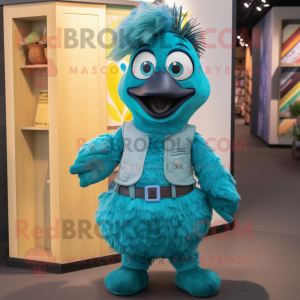 Turquoise Peacock mascot costume character dressed with a Overalls and Mittens