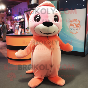 Peach Sea Lion mascot costume character dressed with a Leggings and Beanies