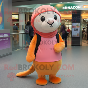 Peach Sea Lion mascot costume character dressed with a Leggings and Beanies