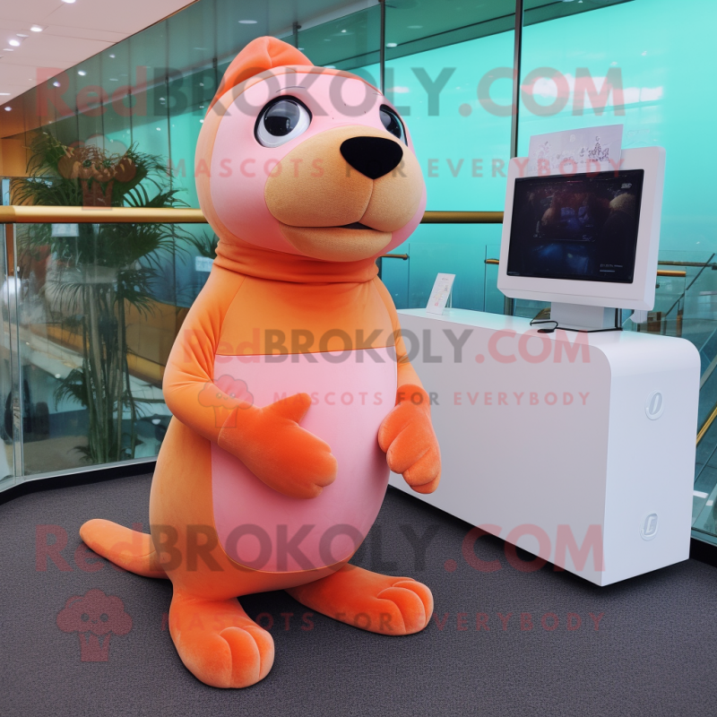 Peach Sea Lion mascot costume character dressed with a Leggings and Beanies Peach Sea Lion mascot costume character dressed with a Leggings and Beanies