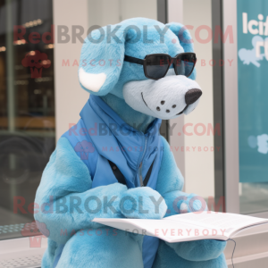 Sky Blue Dog mascot costume character dressed with a Coat and Reading glasses