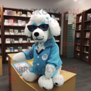 Sky Blue Dog mascot costume character dressed with a Coat and Reading glasses