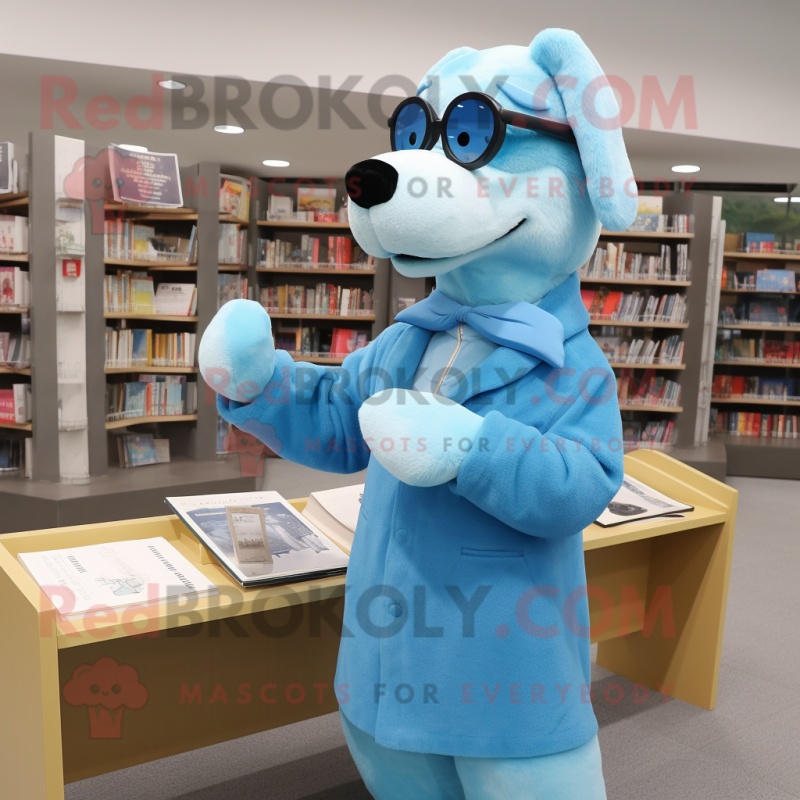 Sky Blue Dog mascot costume character dressed with a Coat and Reading glasses