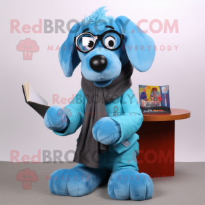 Sky Blue Dog mascot costume character dressed with a Coat and Reading glasses