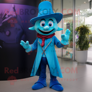 Turquoise Magician mascot costume character dressed with a Jeans and Shoe laces