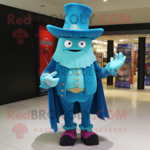 Turquoise Magician mascot costume character dressed with a Jeans and Shoe laces