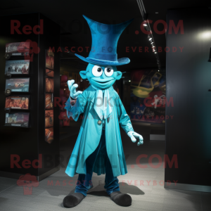 Turquoise Magician mascot costume character dressed with a Jeans and Shoe laces