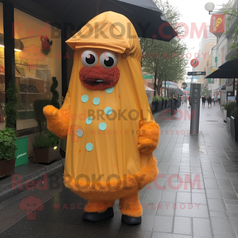Orange Falafel mascot costume character dressed with a Raincoat and Earrings Orange Falafel mascot costume character dressed with a Raincoat and Earrings