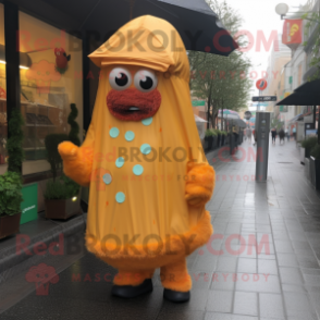 Orange Falafel mascot costume character dressed with a Raincoat and Earrings
