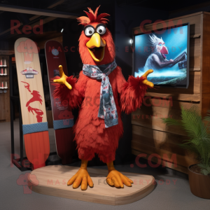 Red Roosters mascot costume character dressed with a Board Shorts and Scarf clips
