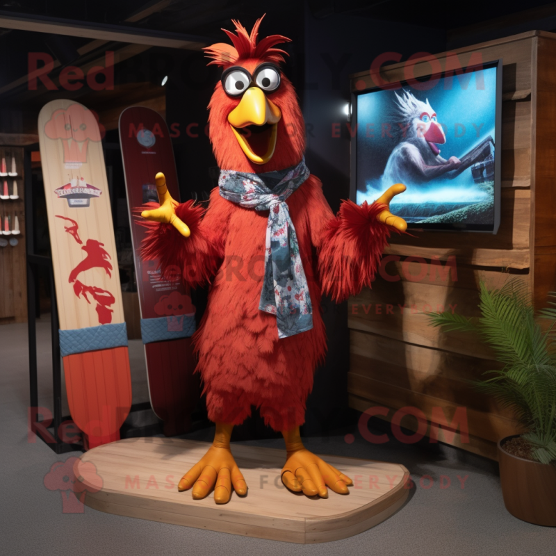 Red Roosters mascot costume character dressed with a Board Shorts and Scarf clips Red Roosters mascot costume character dressed with a Board Shorts and Scarf clips