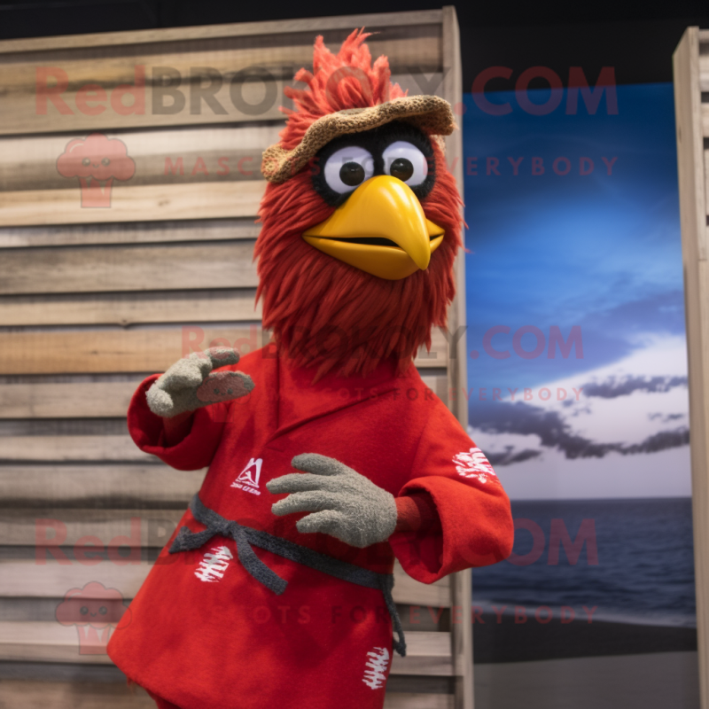 Red Roosters mascot costume character dressed with a Board Shorts and Scarf clips