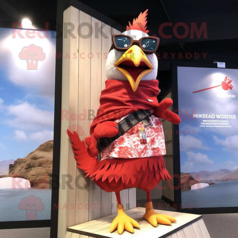 Red Roosters mascot costume character dressed with a Board Shorts and Scarf clips