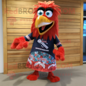 Red Roosters mascot costume character dressed with a Board Shorts and Scarf clips