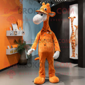 Orange Giraffe mascot costume character dressed with a Overalls and Beanies