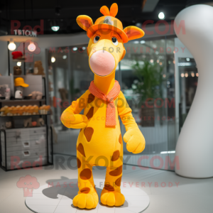 Orange Giraffe mascot costume character dressed with a Overalls and Beanies