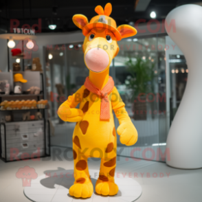 Orange Giraffe mascot costume character dressed with a Overalls and Beanies