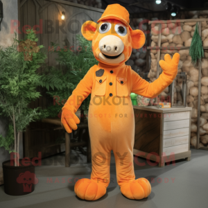 Orange Giraffe mascot costume character dressed with a Overalls and Beanies