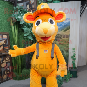 Orange Giraffe mascot costume character dressed with a Overalls and Beanies