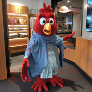 Red Chicken Parmesan mascot costume character dressed with a Chambray Shirt and Shawls