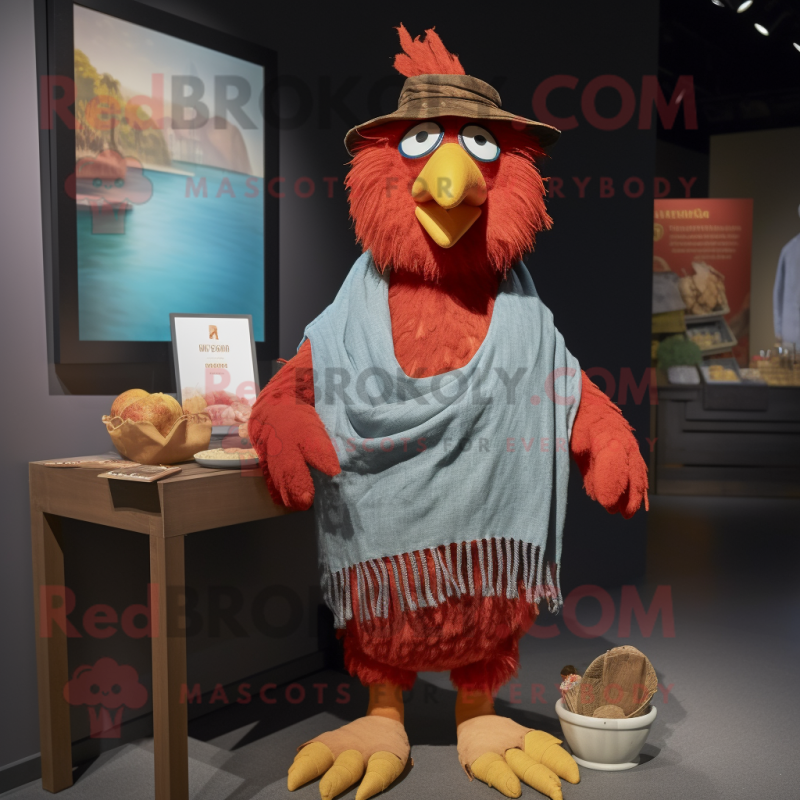 Red Chicken Parmesan mascot costume character dressed with a Chambray Shirt and Shawls