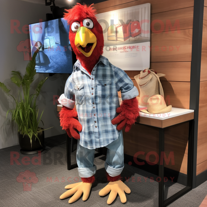 Red Chicken Parmesan mascot costume character dressed with a Chambray Shirt and Shawls