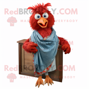 Red Chicken Parmesan mascot costume character dressed with a Chambray Shirt and Shawls