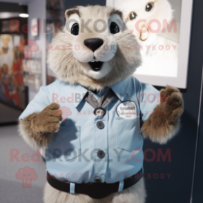 Gray Marmot mascot costume character dressed with a Button-Up Shirt and Lapel pins