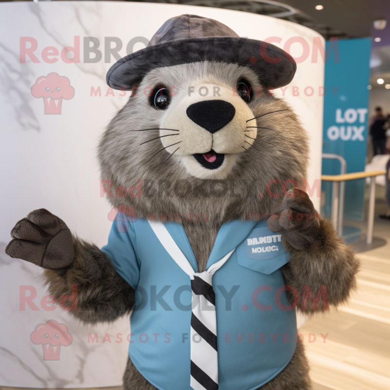 Gray Marmot mascot costume character dressed with a Button-Up Shirt and Lapel pins Gray Marmot mascot costume character dressed with a Button-Up Shirt and Lapel pins