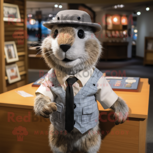 Gray Marmot mascot costume character dressed with a Button-Up Shirt and Lapel pins