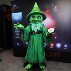 Green Witch mascot costume character dressed with a Shift Dress and Digital watches