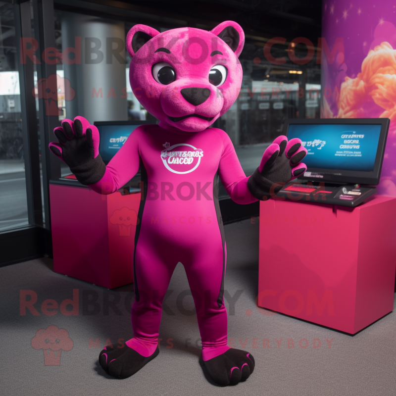 Magenta Panther mascot costume character dressed with a Leggings and Beanies Magenta Panther mascot costume character dressed with a Leggings and Beanies