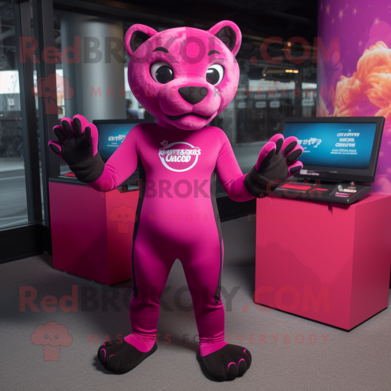 Magenta Panther mascot costume character dressed with a Leggings and Beanies