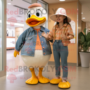 Peach Goose mascot costume character dressed with a Mom Jeans and Hats